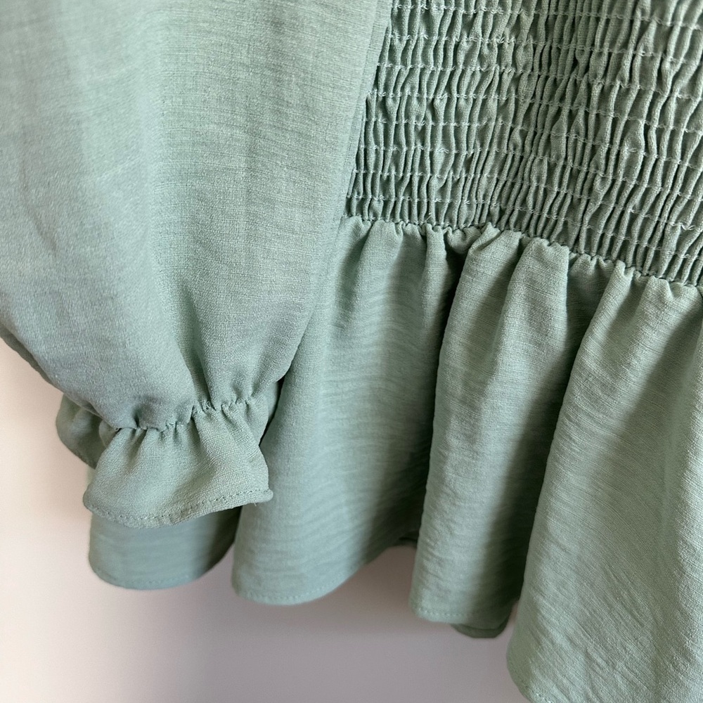 Everly Mint Green Smocked Ruffle Peplum Blouse - Picture 2 of 7